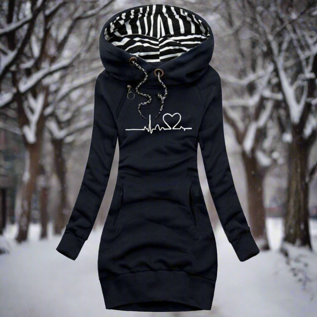 Women's Sweatshirt Dress - Long-Sleeved with Hood - Kangaroo Pocket - Casual Comfort