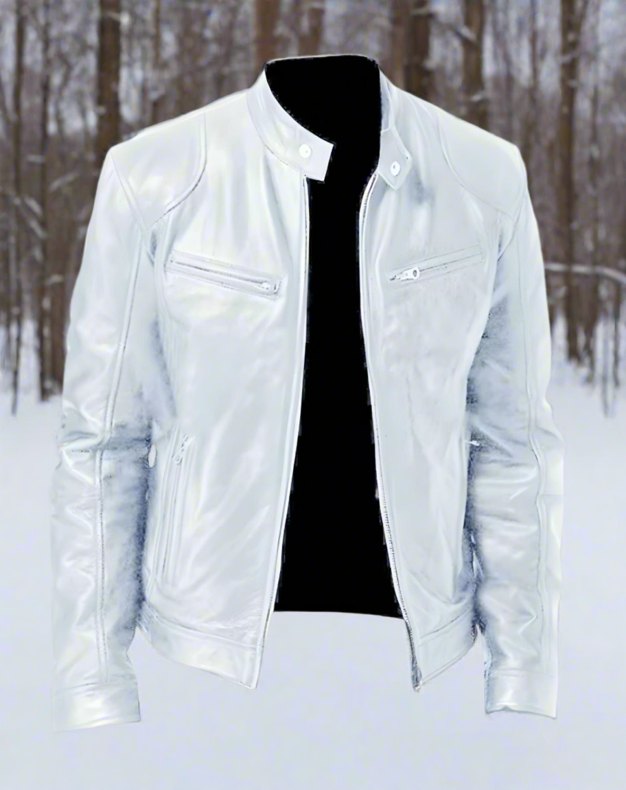 Men's Leather Jacket - Slim Fit - Stand Collar with Button - Zipper Closure - Multiple Pockets