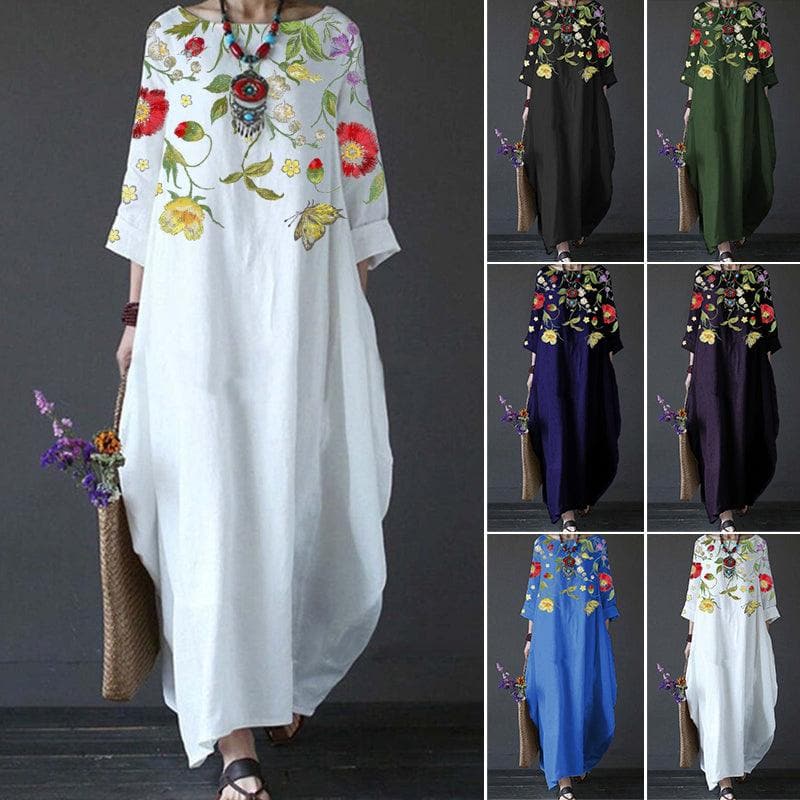 Women's Maxi Dress - Bohemian Style - Loose Fit - 3/4 Sleeves - Embroidered Floral Details