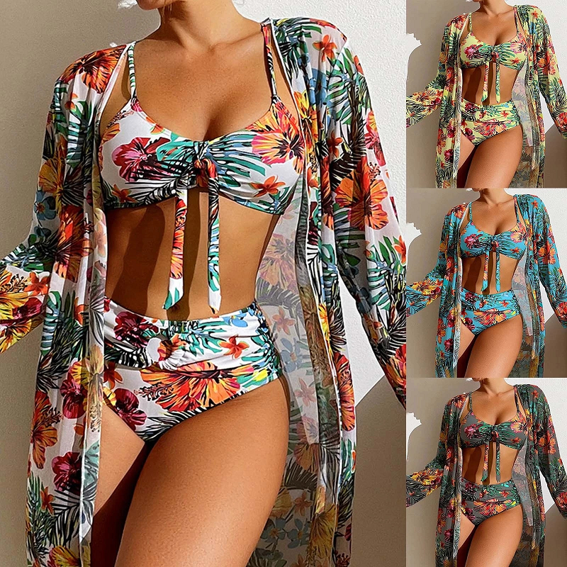 Women's 3-Piece Bikini Set - Tie-Front Top - High-Waisted Bottoms - Long-Sleeve Mesh Cover-Up