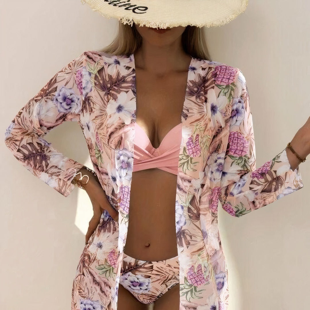 Women's Bikini Set – Tight Fit – Ruched Top – Adjustable Straps – Floral Bottom