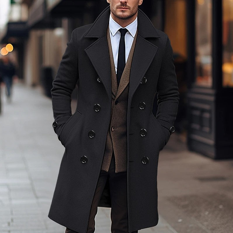 Double-Breasted Overcoat – Classic Pea Coat Style – Wide Lapels – Long Winter Coat