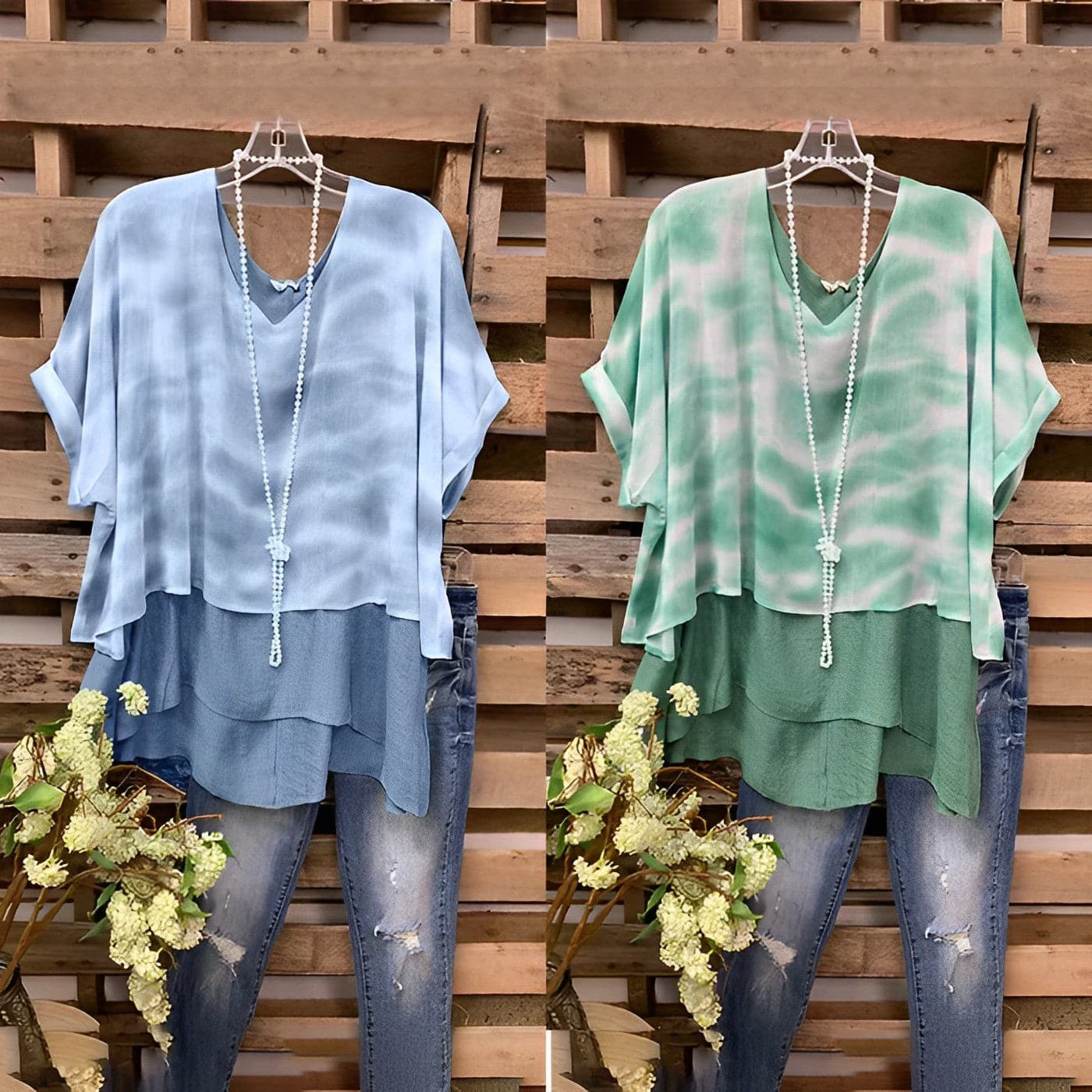 Women's Blouse - Layered Design - V-neck - Loose Fit - Short Sleeves Airy Style