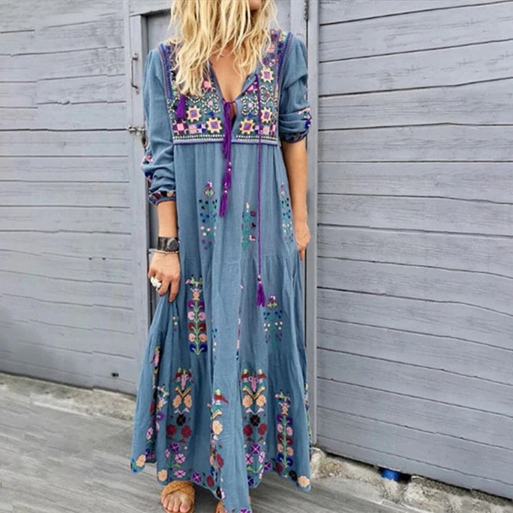Women's Maxi Dress - Long-Sleeved Bohemian Style - Embroidered V-Neck with Tassel