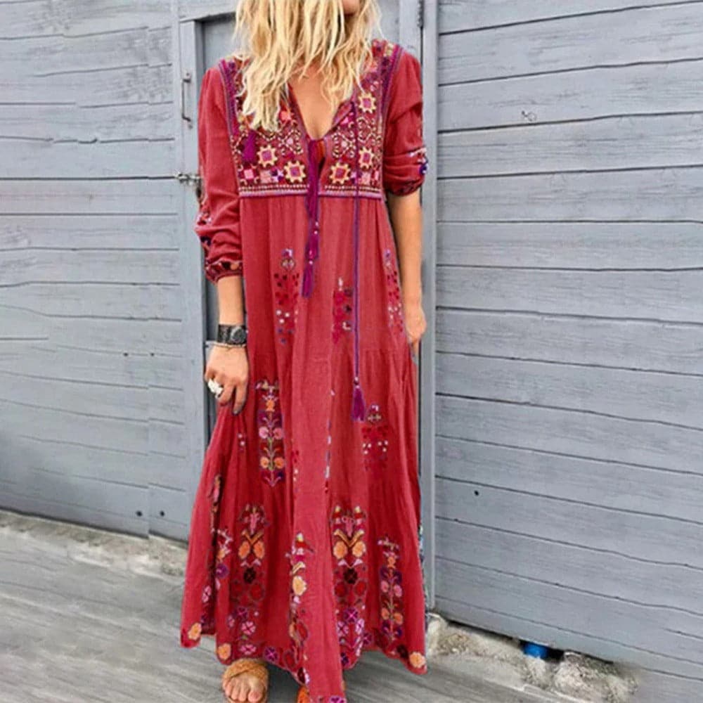 Women's Maxi Dress - Long-Sleeved Bohemian Style - Embroidered V-Neck with Tassel