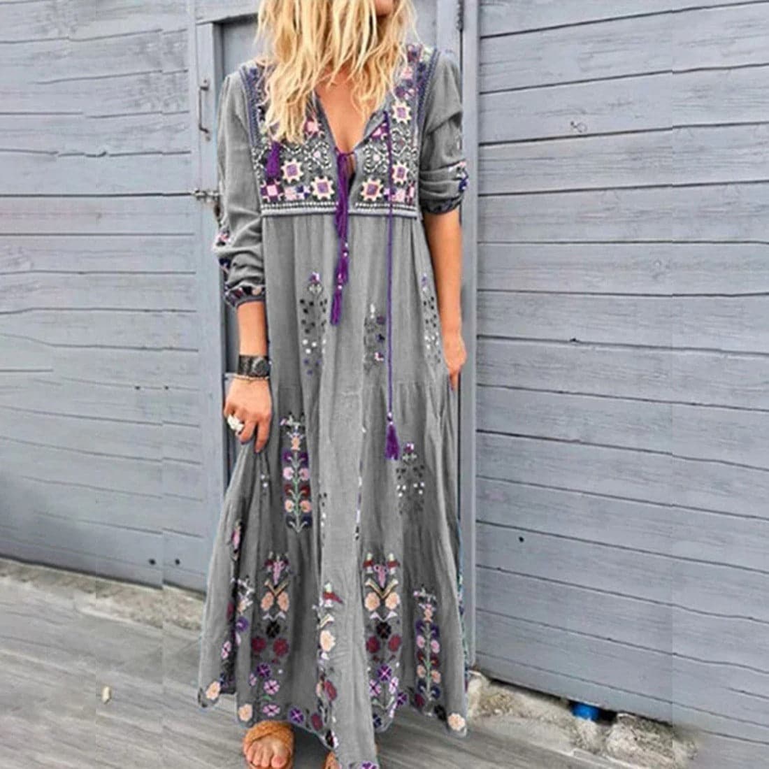 Women's Maxi Dress - Long-Sleeved Bohemian Style - Embroidered V-Neck with Tassel