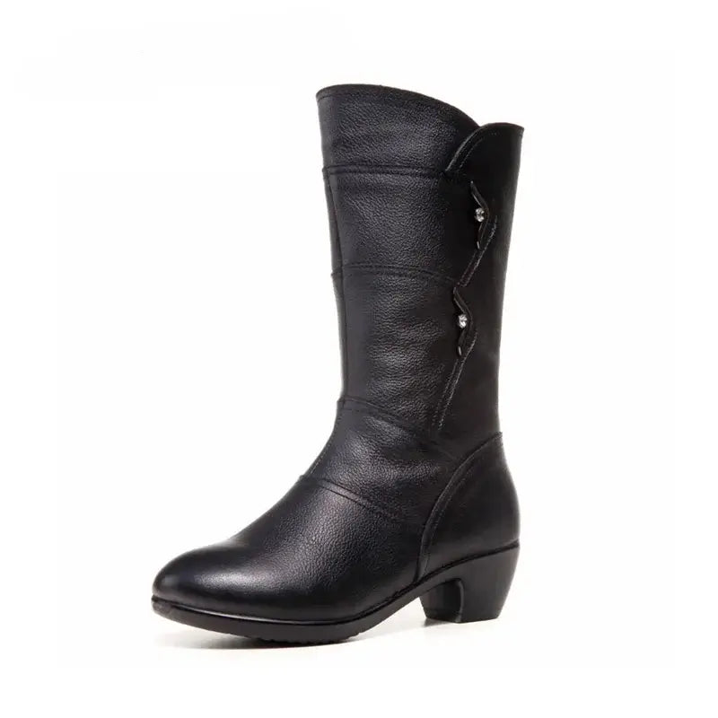 Women's Boots - Knee-High Leather Boots - Block Heel & Zipper - Elegant & Durable