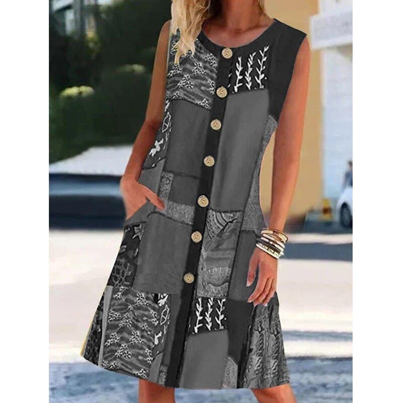 Dress for Women - Sleeveless Patchwork - Button Closure & Side Pockets - Bohemian Style