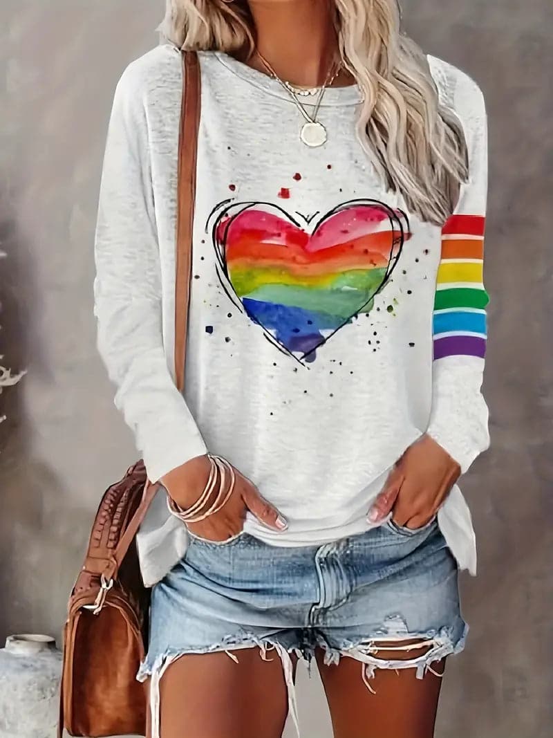 Women's Sweatshirt - Long-Sleeved Loose Fit - Round Neck - Soft and Breathable Fabric - Rainbow Heart Design