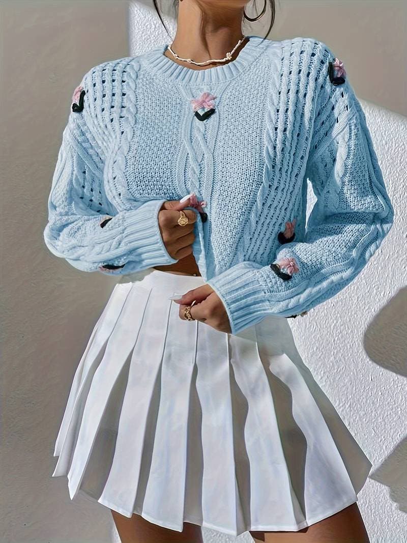 Women's Knit Sweater - Cable Knit - Embroidered Flowers - Cropped Fit - Round Neck