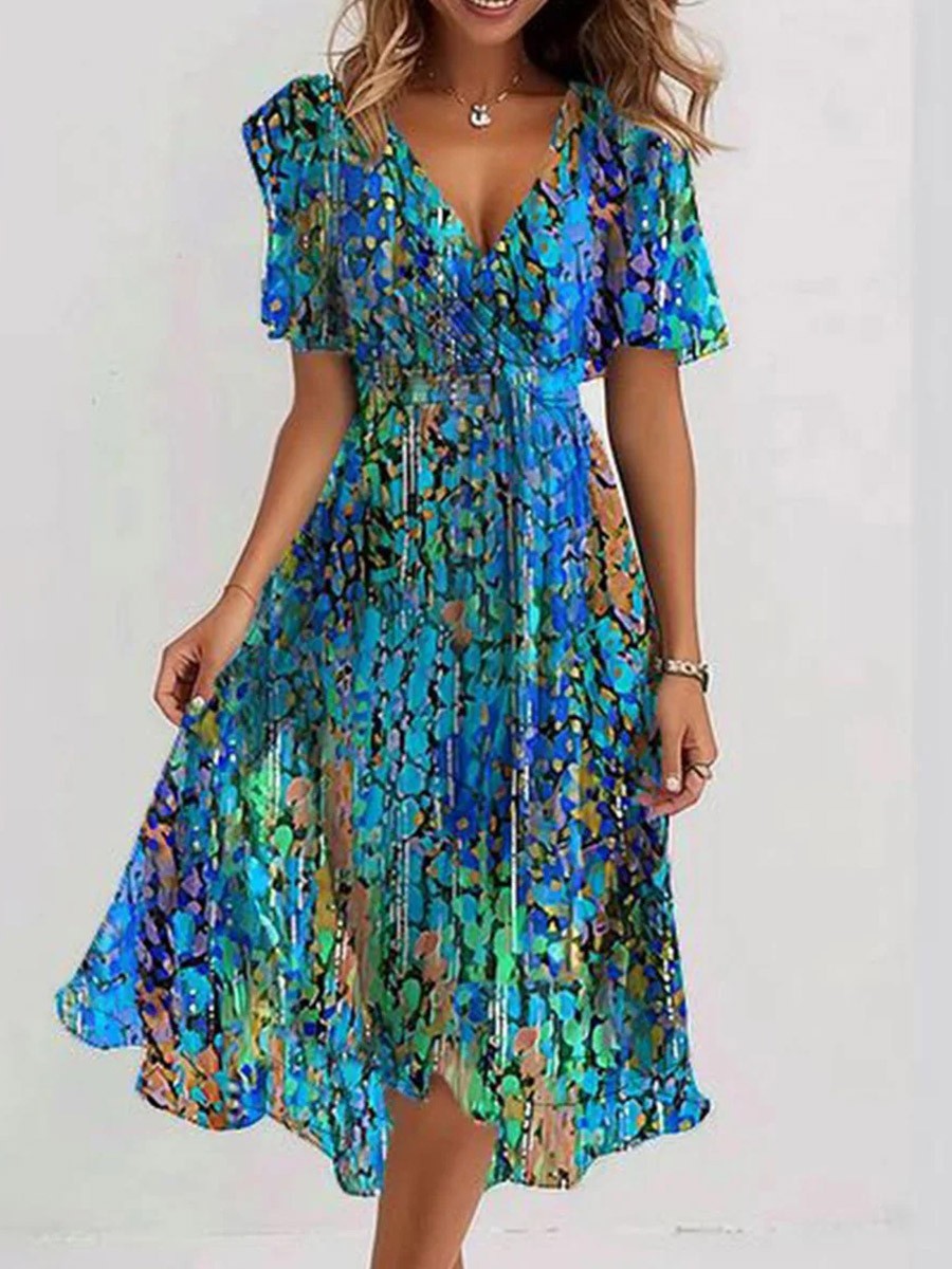 Dress for Women – Midi Length – A-line Fit – V-neck – Light and Airy