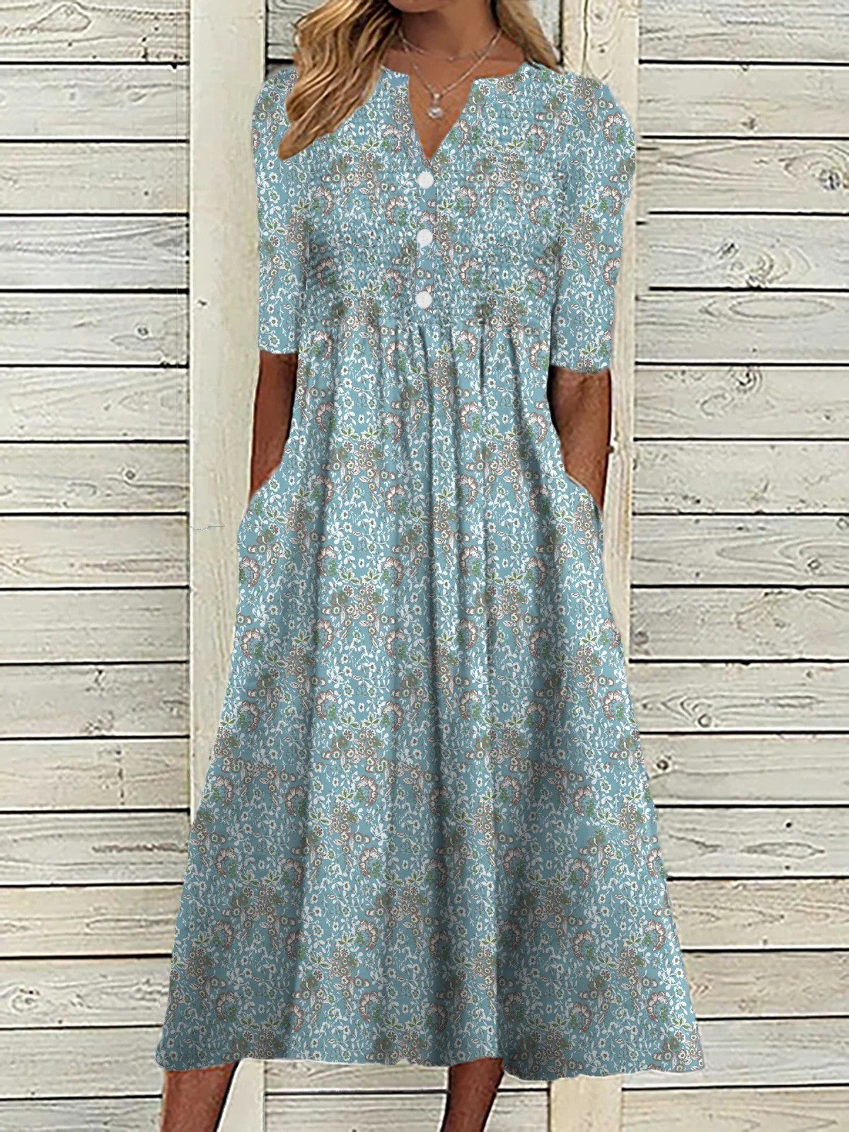 Women's Midi Dress – Loose Fit – Floral – V-Neck – Half-Length Sleeves – Breathable Fabric