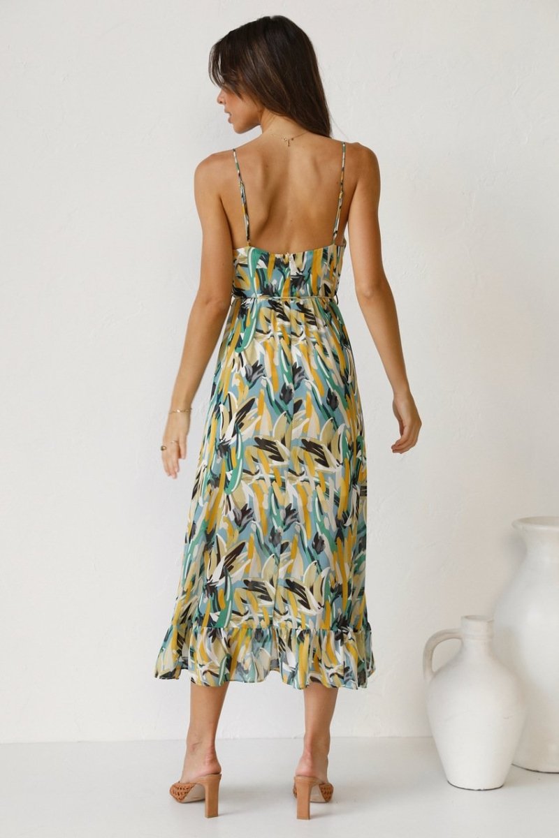 Dress for Women – Midi Length – Flowy Fit – V-Neckline – Spaghetti Straps – Raw Edge Detail