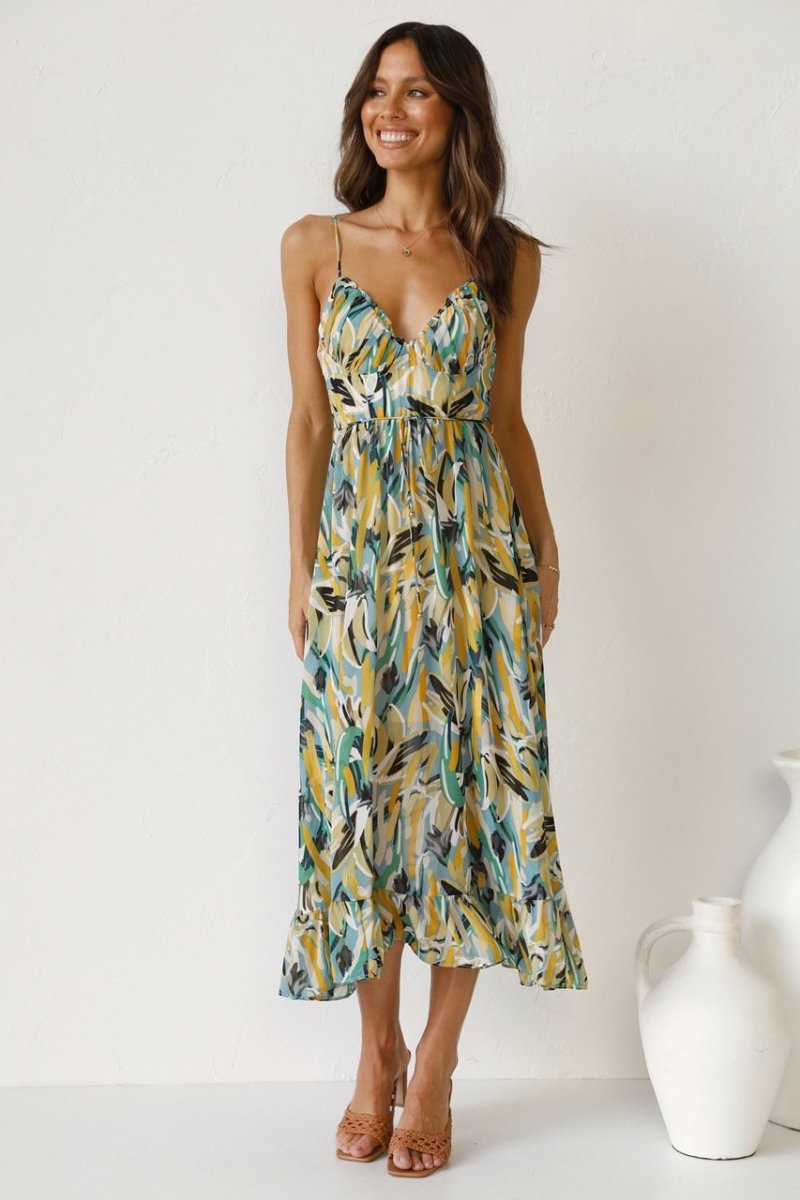 Dress for Women – Midi Length – Flowy Fit – V-Neckline – Spaghetti Straps – Raw Edge Detail