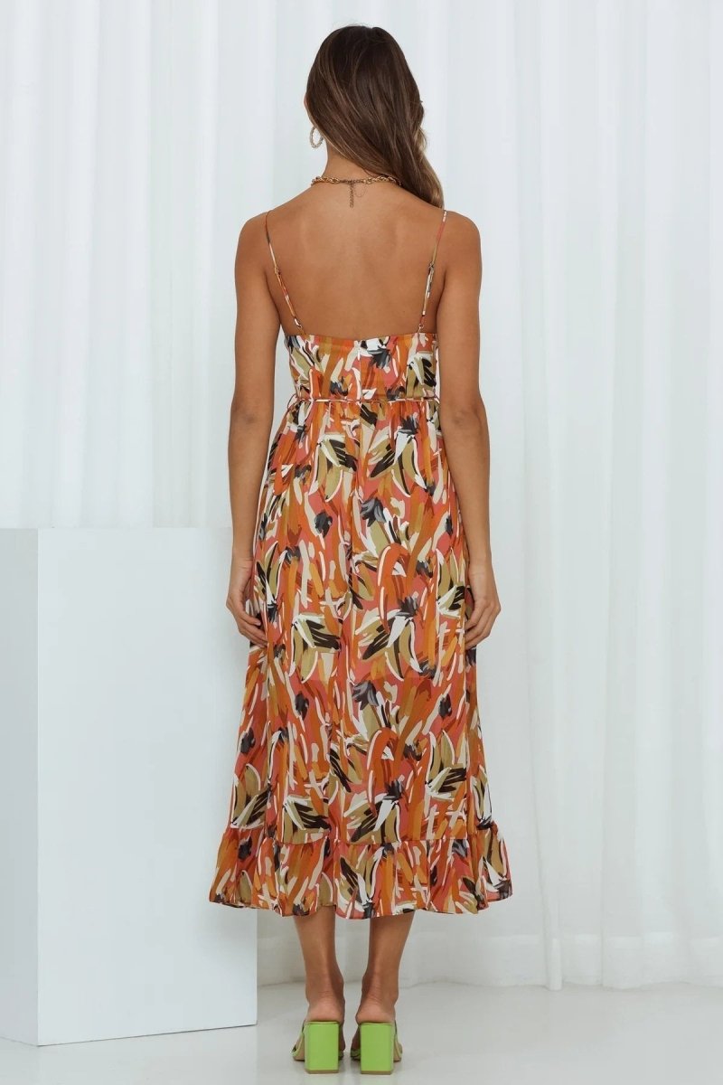 Dress for Women – Midi Length – Flowy Fit – V-Neckline – Spaghetti Straps – Raw Edge Detail