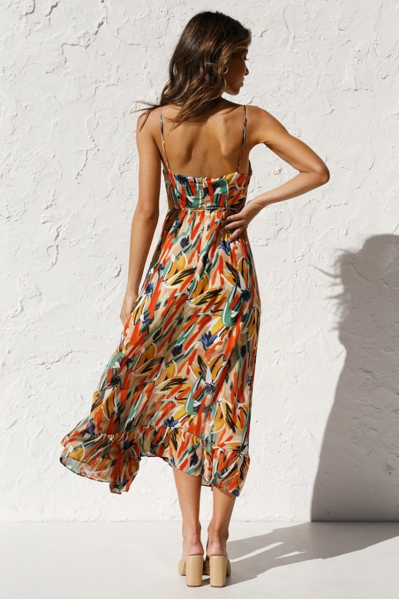 Dress for Women – Midi Length – Flowy Fit – V-Neckline – Spaghetti Straps – Raw Edge Detail
