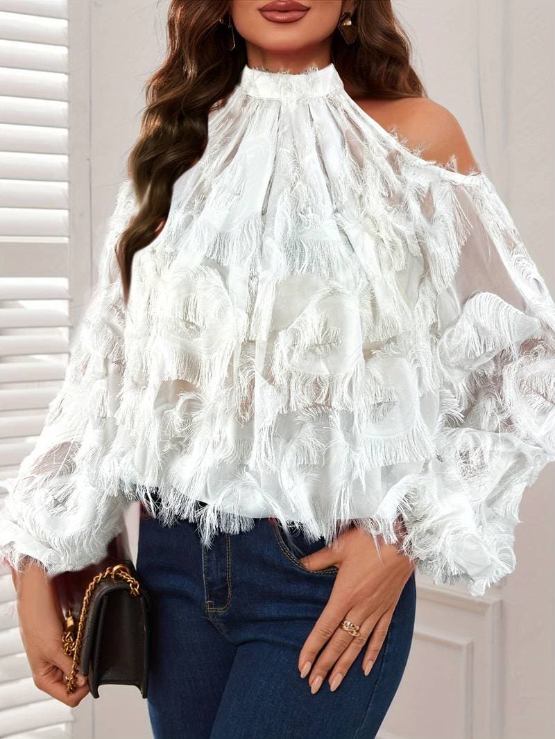 Women's Blouse - Cold Shoulder Design - High Halter Neck - Long Voluminous Sleeves - Elegant Texture