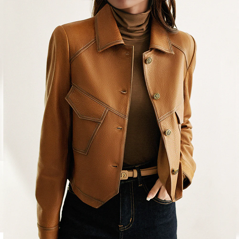 Amelia Faux Leather Tailored Cropped Jacket | Button Front Collared Jacket