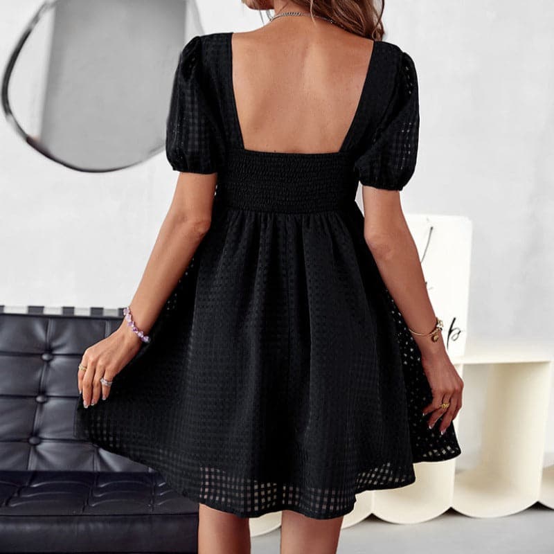 Women's Dress - A-line Fit - Square Neckline - Short Puff Sleeves - Broderie Anglaise