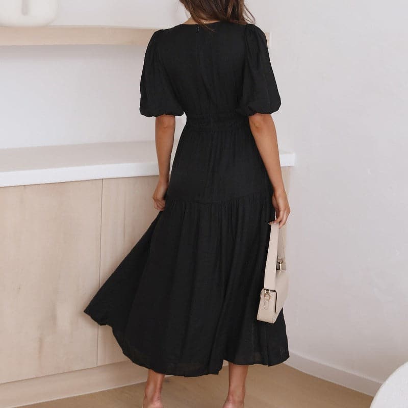 Women's Dress - Midi Length - V-Neck - Short Puff Sleeves - Fitted Waist - Light and Flowing