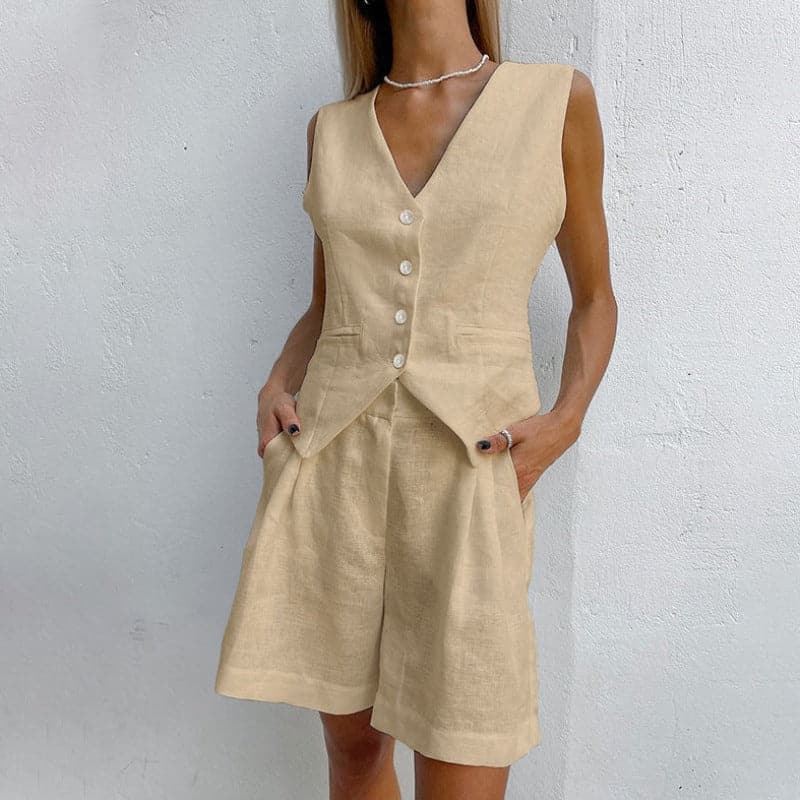 Women's Vest and Shorts Set - Lightweight Linen Blend - Tailored Fit - Buttoned Vest - High-Waisted Shorts