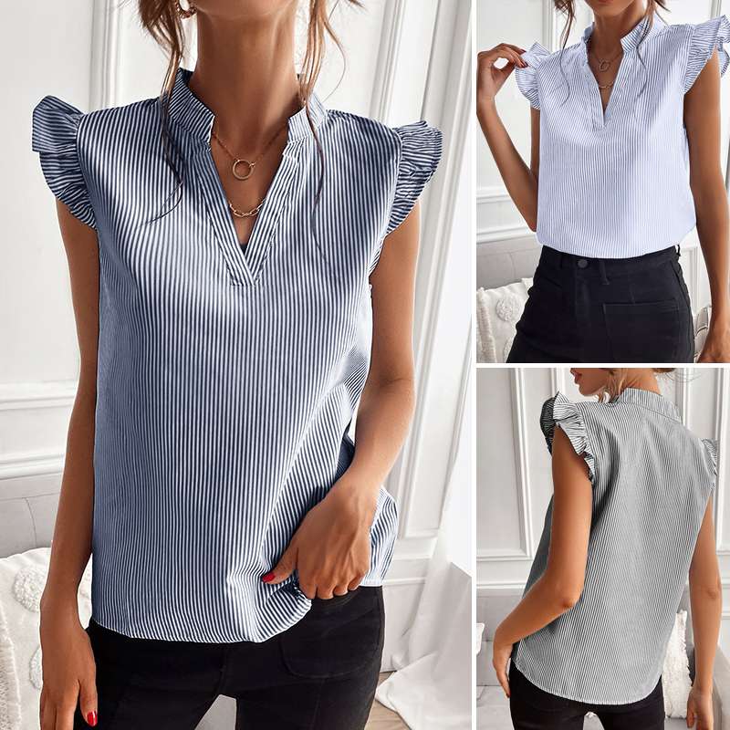 Women's Blouse - Light and Breathable - V-Neck with Ruffle Sleeves - Striped Design