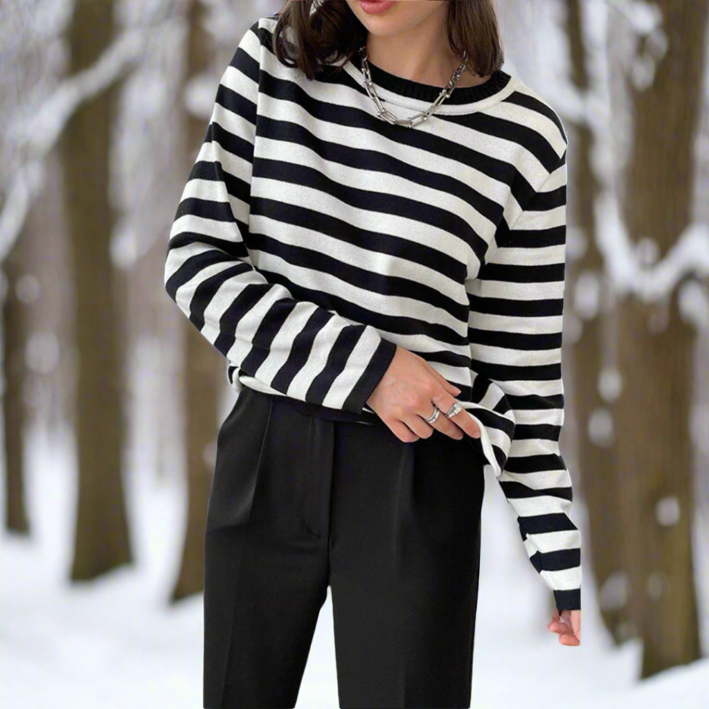 Women's Long-Sleeve T-shirt - Striped - Round Neck - Relaxed Fit - Breathable Cotton