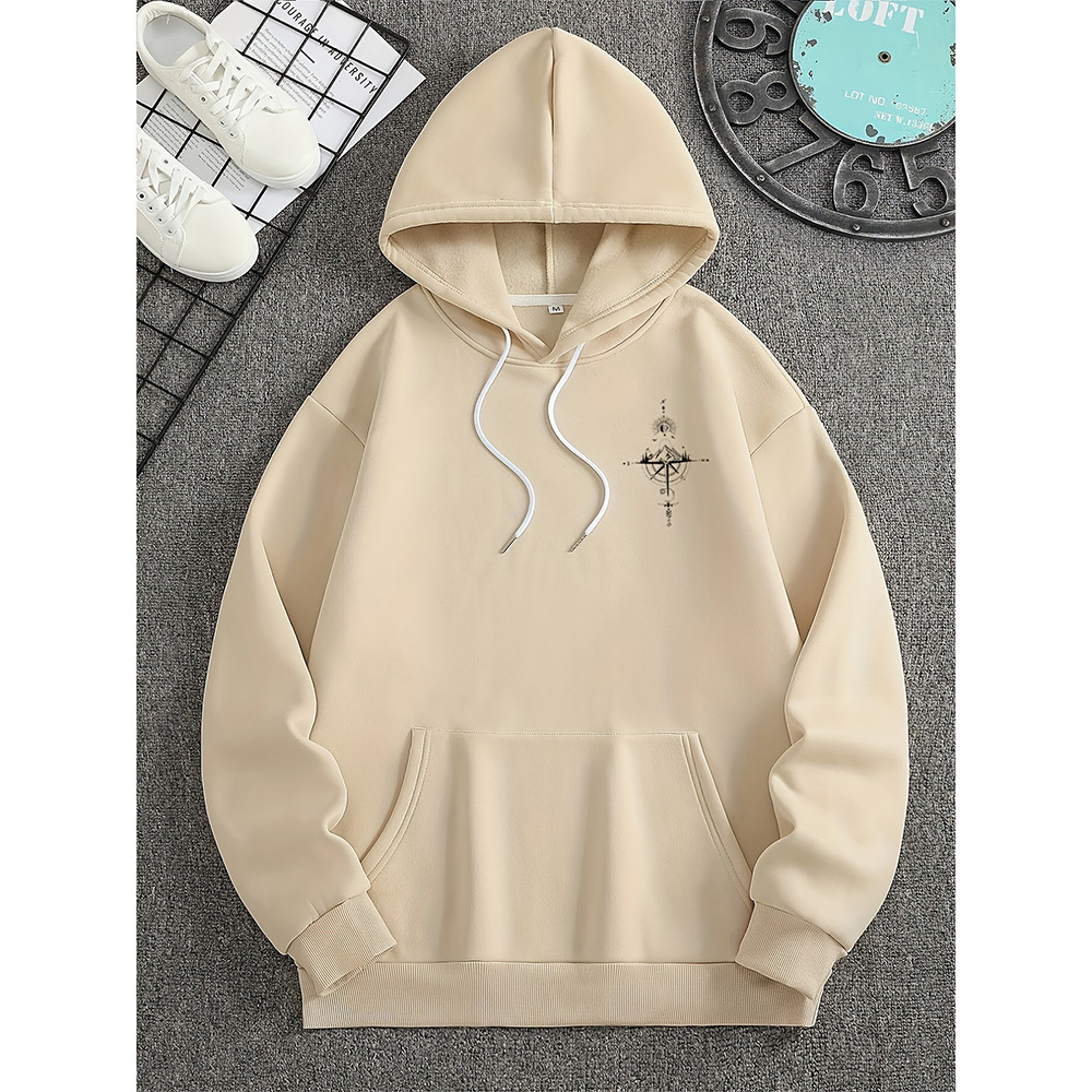 Men's Hoodie – Regular Fit – Soft Cotton – Compass Print – Kangaroo Pocket – Drawstring Hood