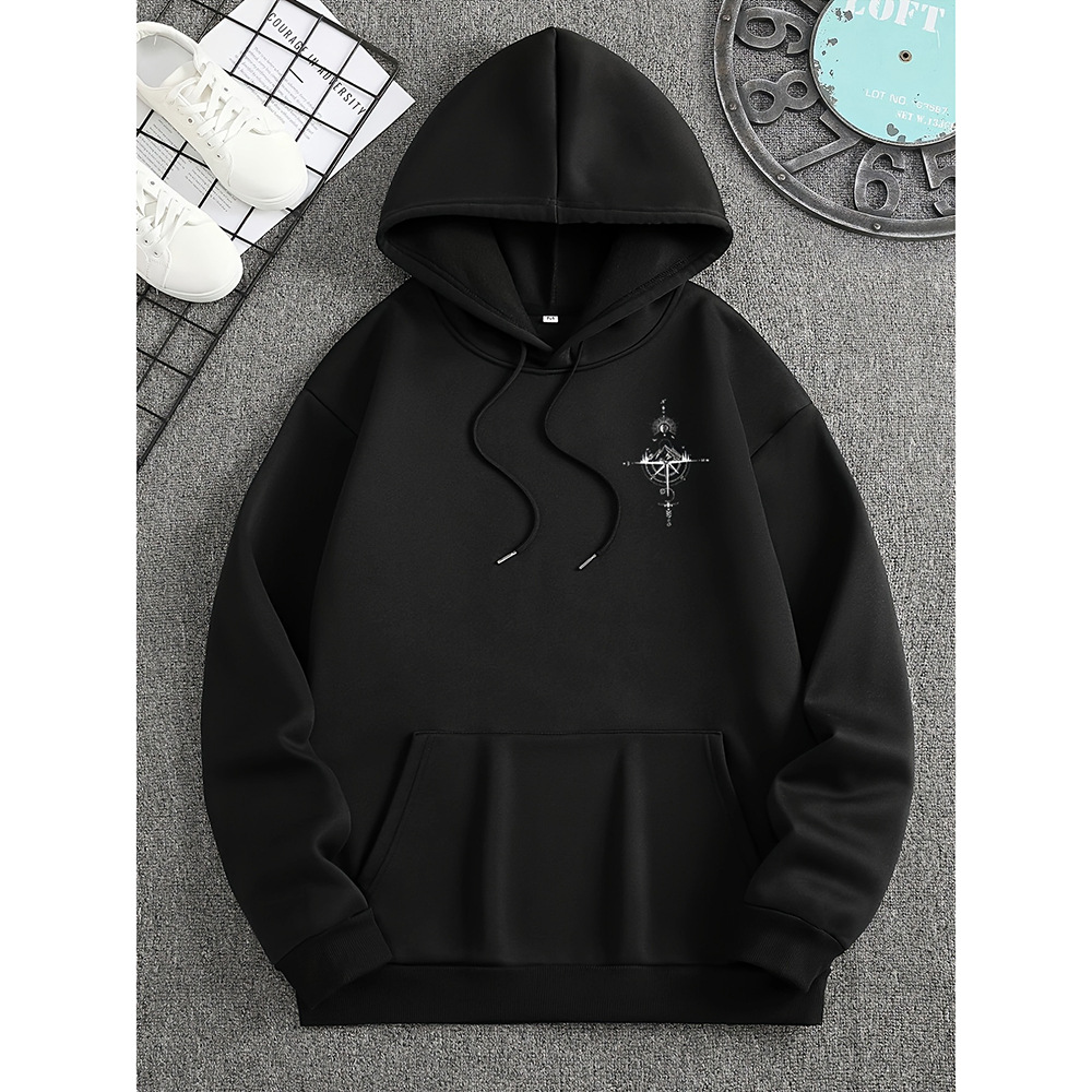 Men's Hoodie – Regular Fit – Soft Cotton – Compass Print – Kangaroo Pocket – Drawstring Hood