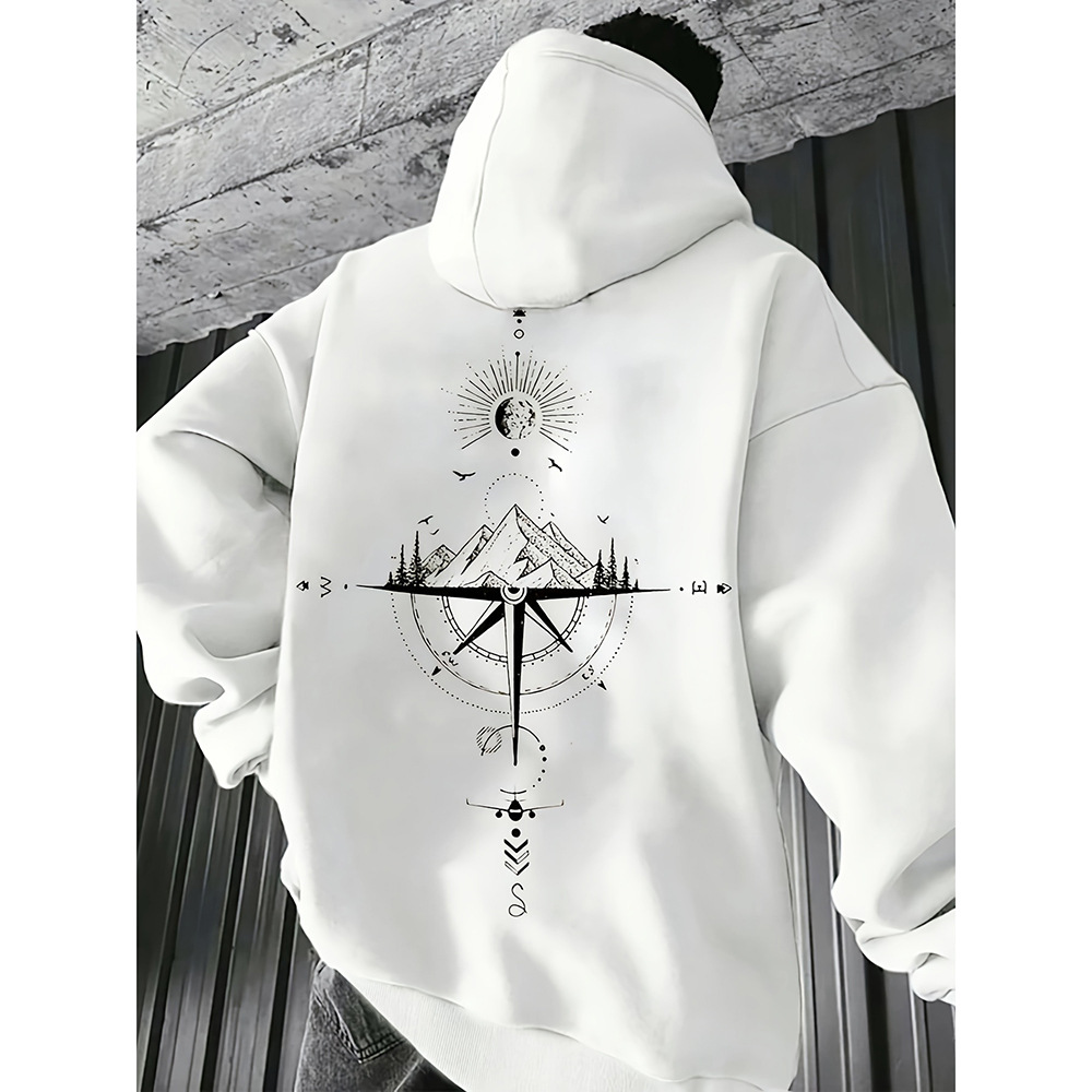 Men's Hoodie – Regular Fit – Soft Cotton – Compass Print – Kangaroo Pocket – Drawstring Hood