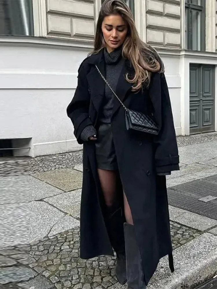 Women's Long Coat – Wool – Loose Fit – Double Breasted – Structured Shoulder – Long Sleeves