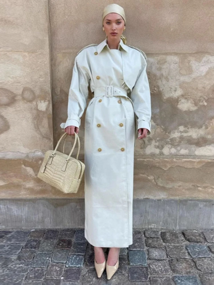 Women's Trench Coat – Relaxed Fit – Double Breasted – Belted Waist – Long Model