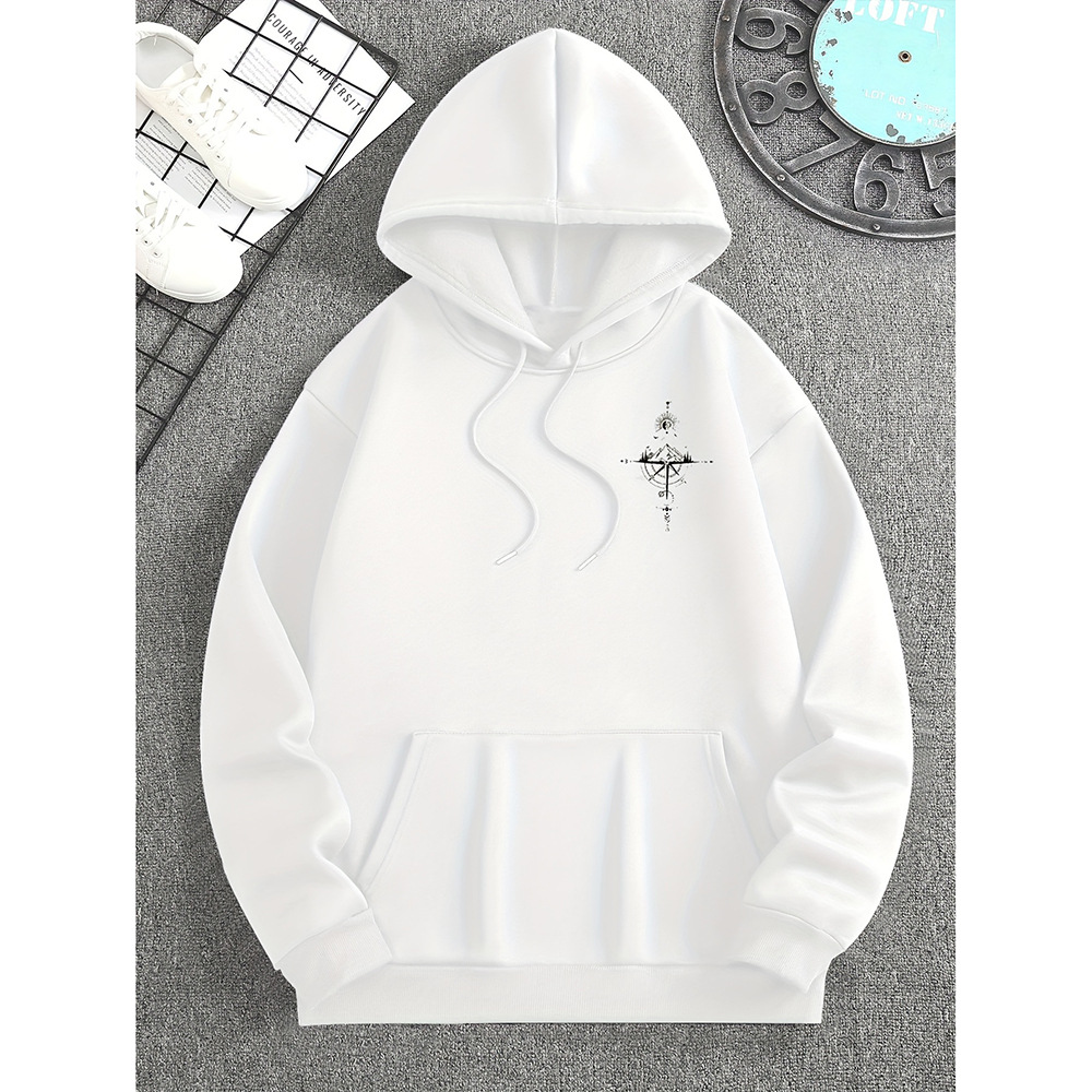 Men's Hoodie – Regular Fit – Soft Cotton – Compass Print – Kangaroo Pocket – Drawstring Hood