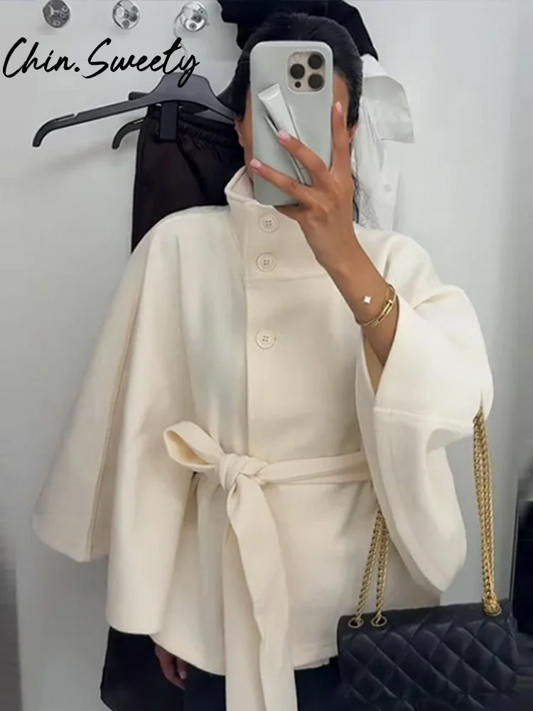 Women's Cape Jacket – Wool Blend – Belted Waist – High Neck – Loose Fit