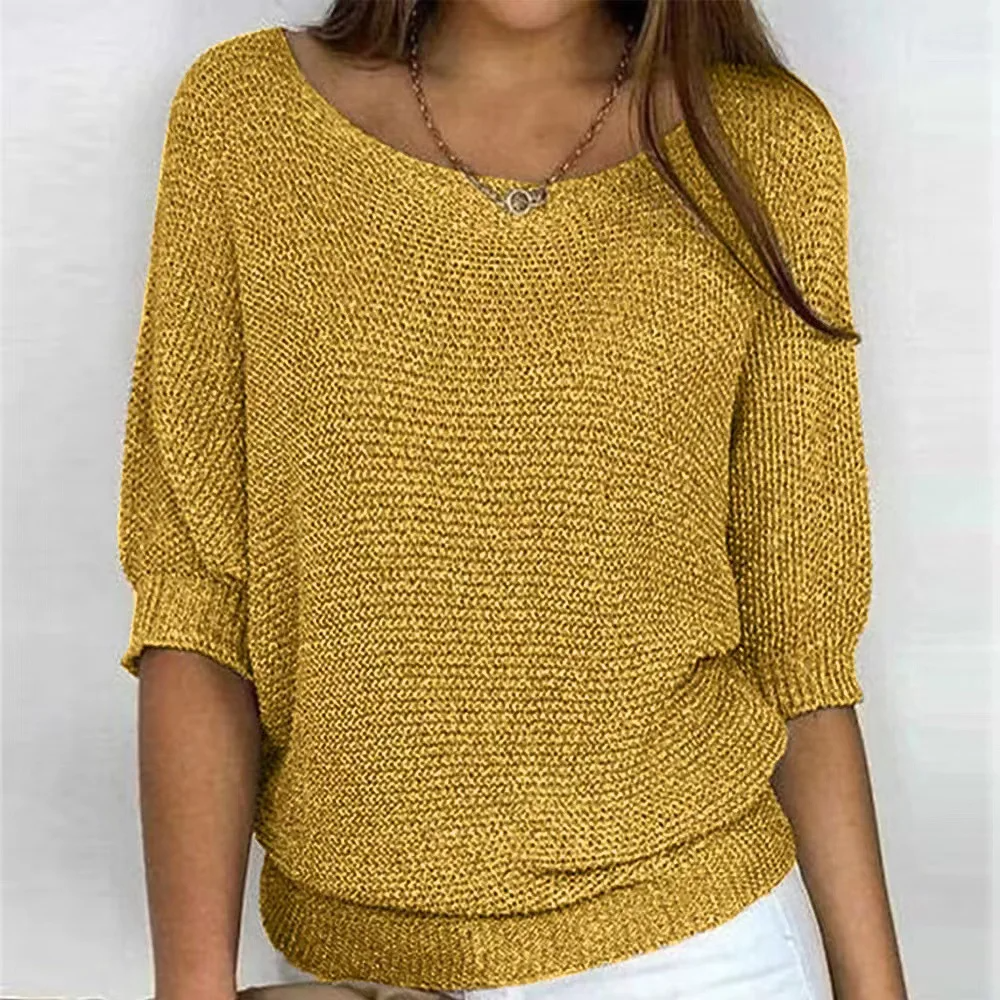 Women's Knit Sweater – Relaxed Fit – Puff Sleeves – Ribbed Edges – Soft Texture