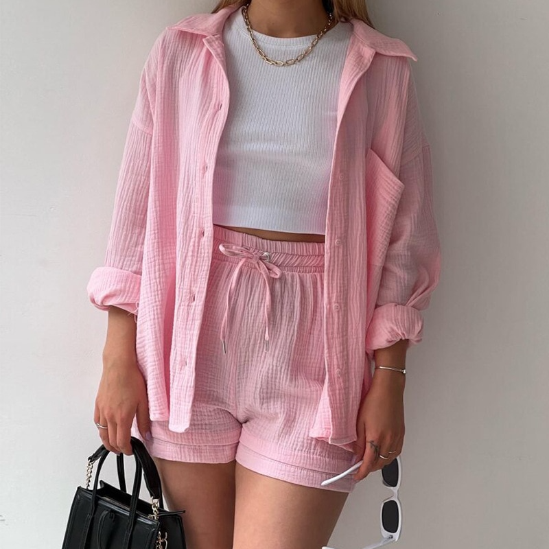 Women's Set - Soft Cotton - Button-Up Shirt & Elastic Shorts - Relaxed Fit