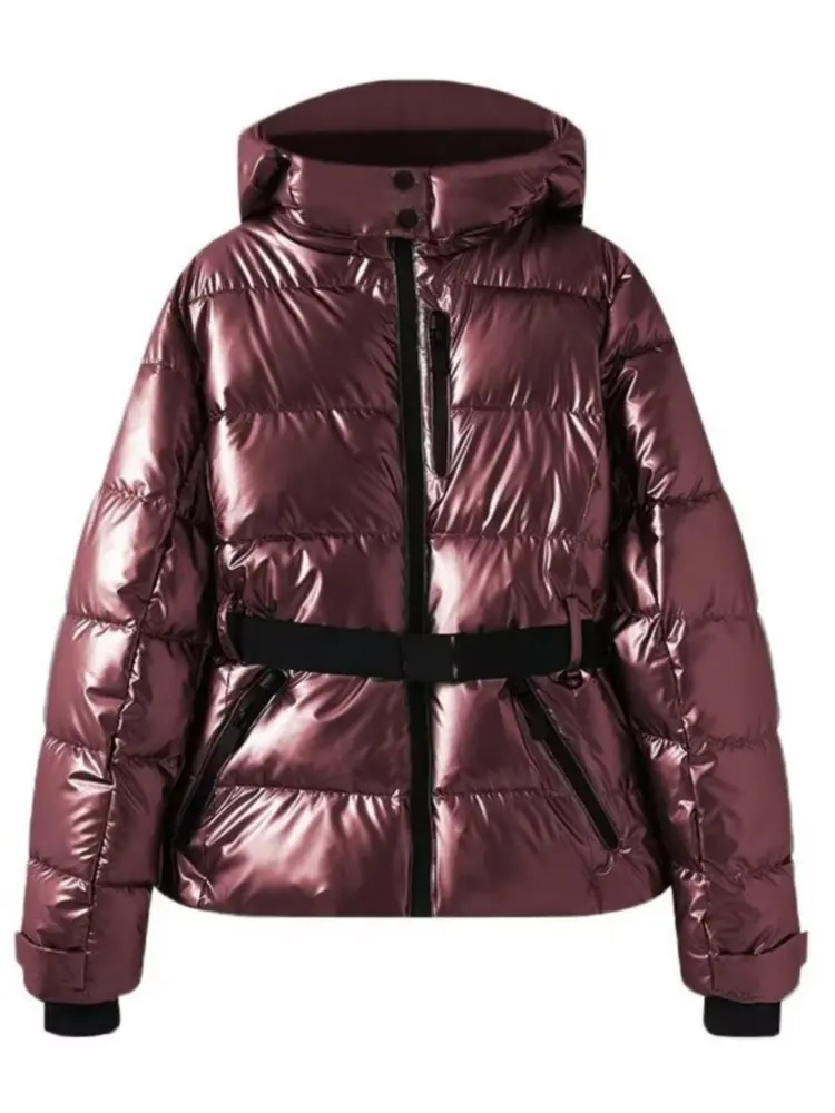 Women’s Ski Jacket - Insulated Fabric - Puffer Silhouette - Belted Waist - Hooded