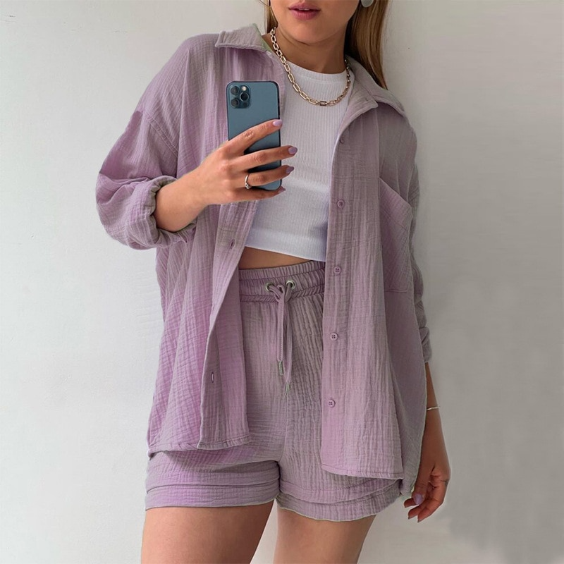 Women's Set - Soft Cotton - Button-Up Shirt & Elastic Shorts - Relaxed Fit