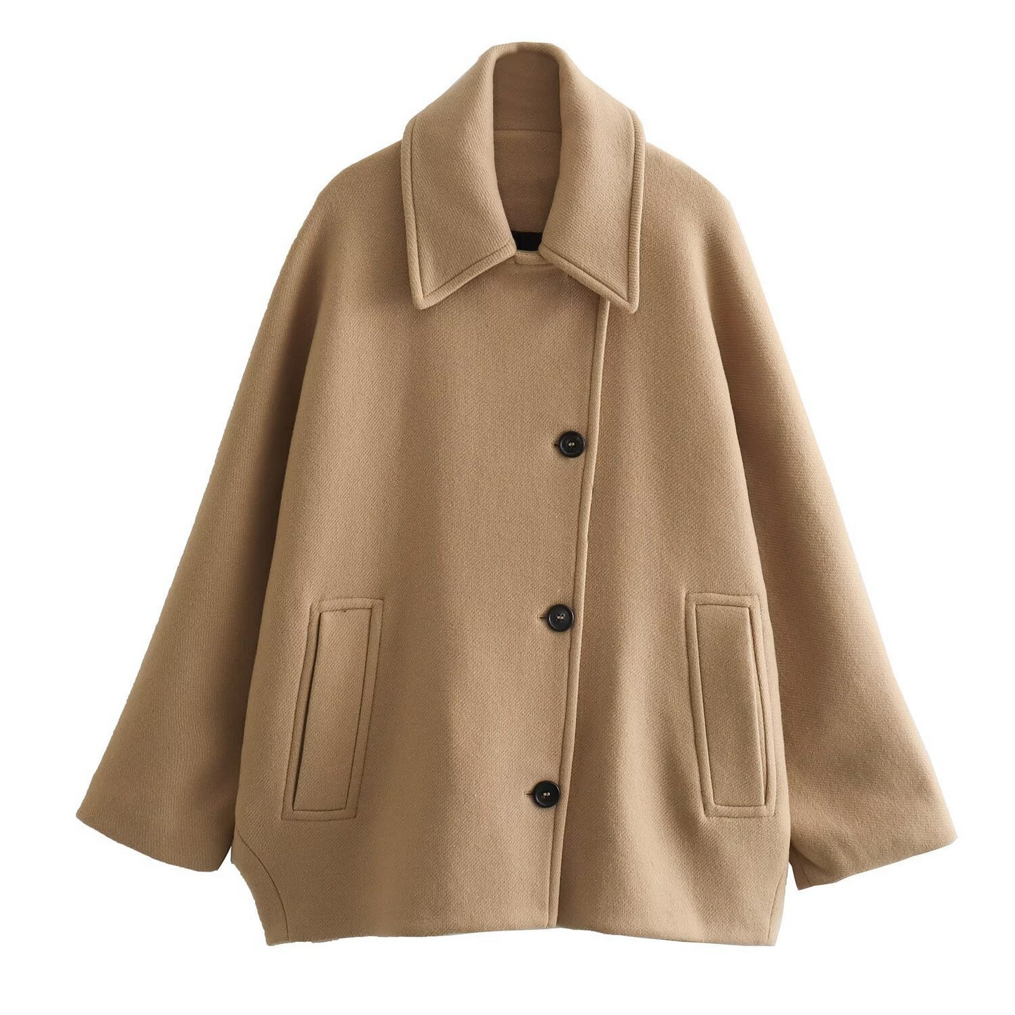 Women's Coat – Oversize Fit – Wool Look – Batwing Sleeves – Button Closure – Notched Collar