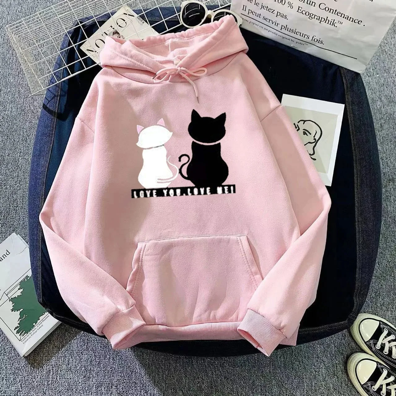 Women's Hoodie – Oversized Fit – Soft Fleece – Fun Cat Print – Casual Streetwear