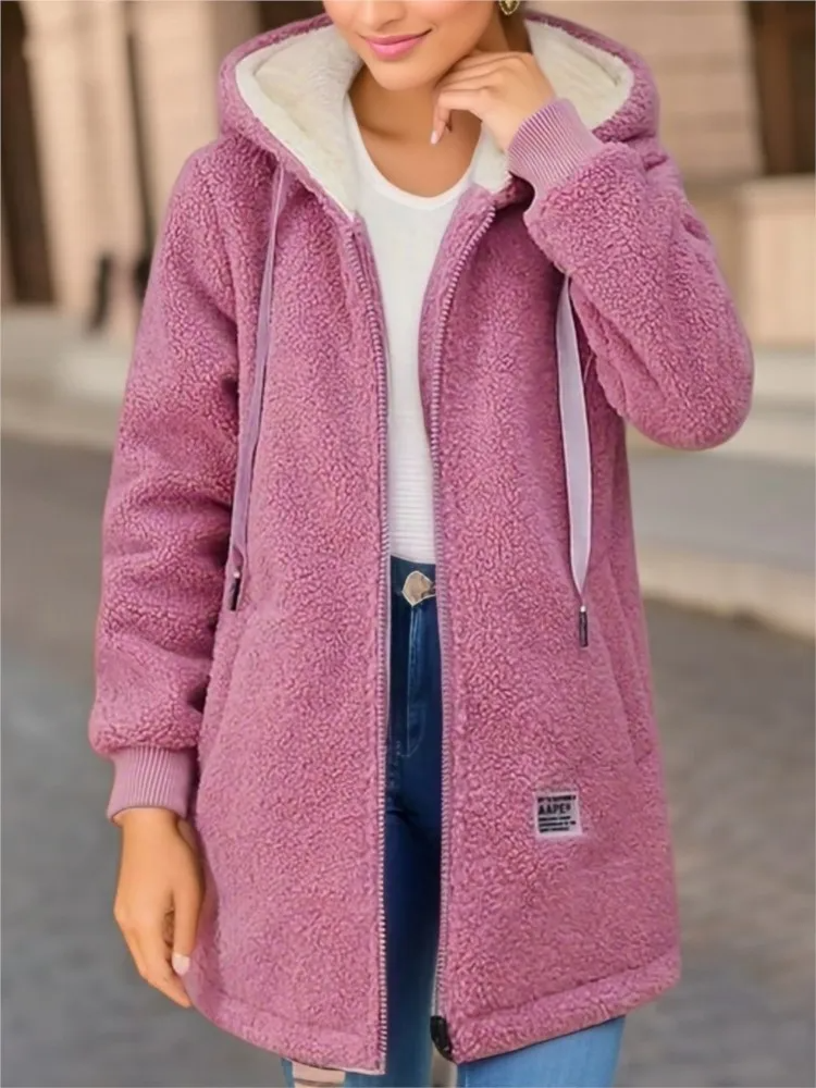 Women's Coat – Mid-Length Loose Fit – Hood with Drawstring – Soft Fleece with Zipper