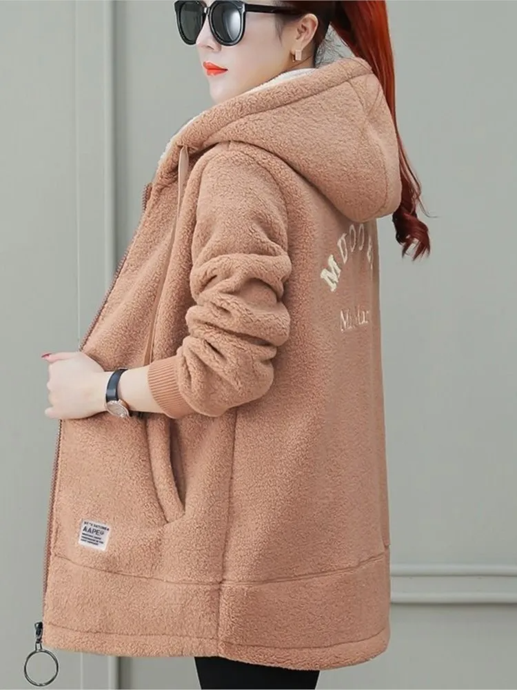 Women's Coat – Mid-Length Loose Fit – Hood with Drawstring – Soft Fleece with Zipper