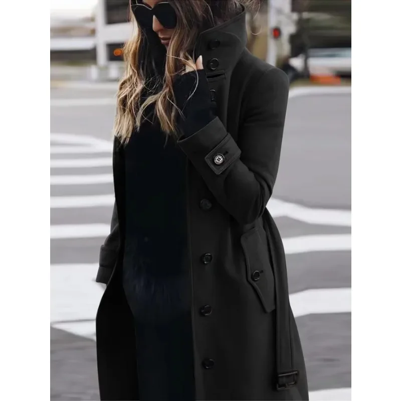 Women's Coat – Wool – Slim Fit – Single Breasted – Long Sleeves – Stand Collar – Long Model