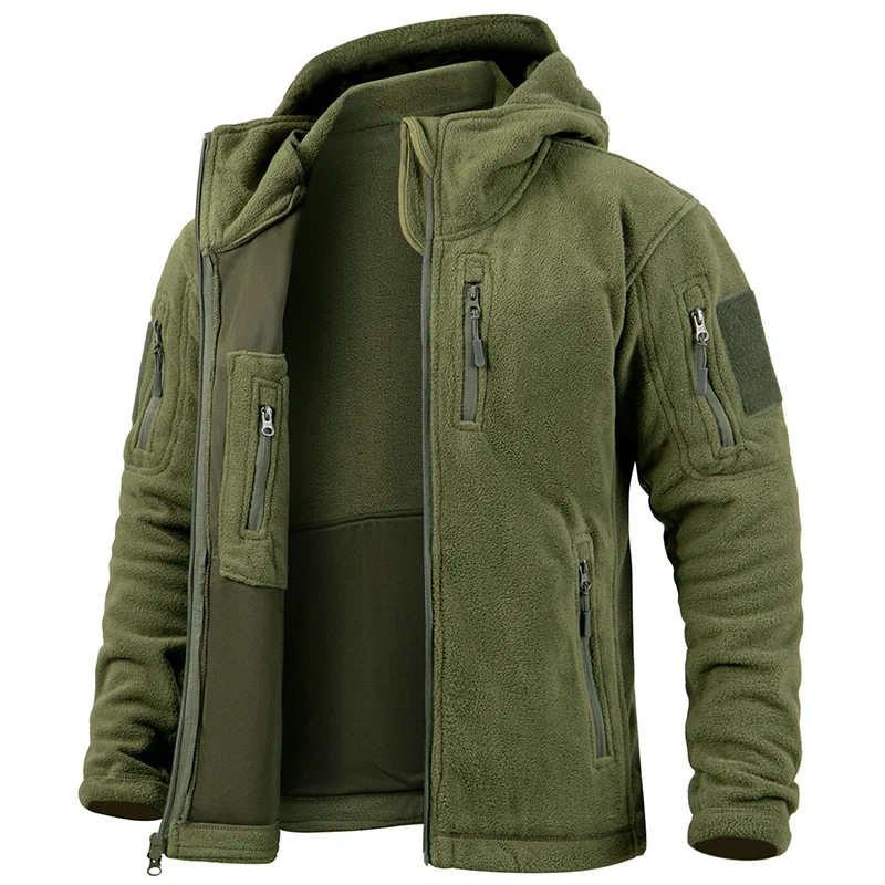 Men's Fleece Jacket – Tactical Fit – Hood – Zipper – Multiple Pockets – Breathable