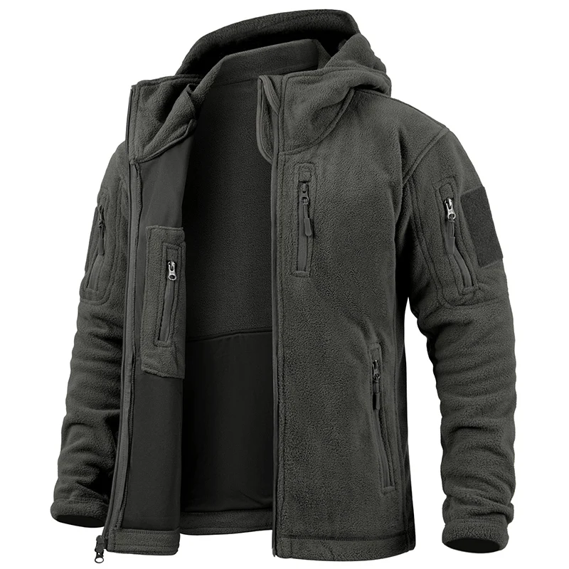 Men's Fleece Jacket – Tactical Fit – Hood – Zipper – Multiple Pockets – Breathable