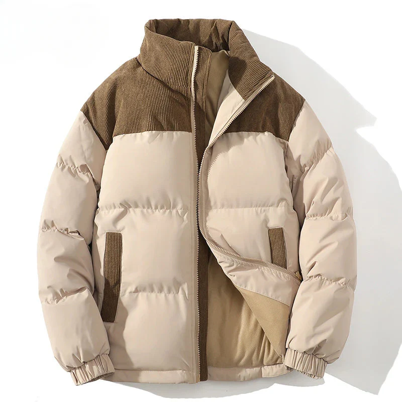 Men’s Puffer Jacket - Quilted Insulation - Ribbed Corduroy Yoke - Hip Length - Elastic Cuffs