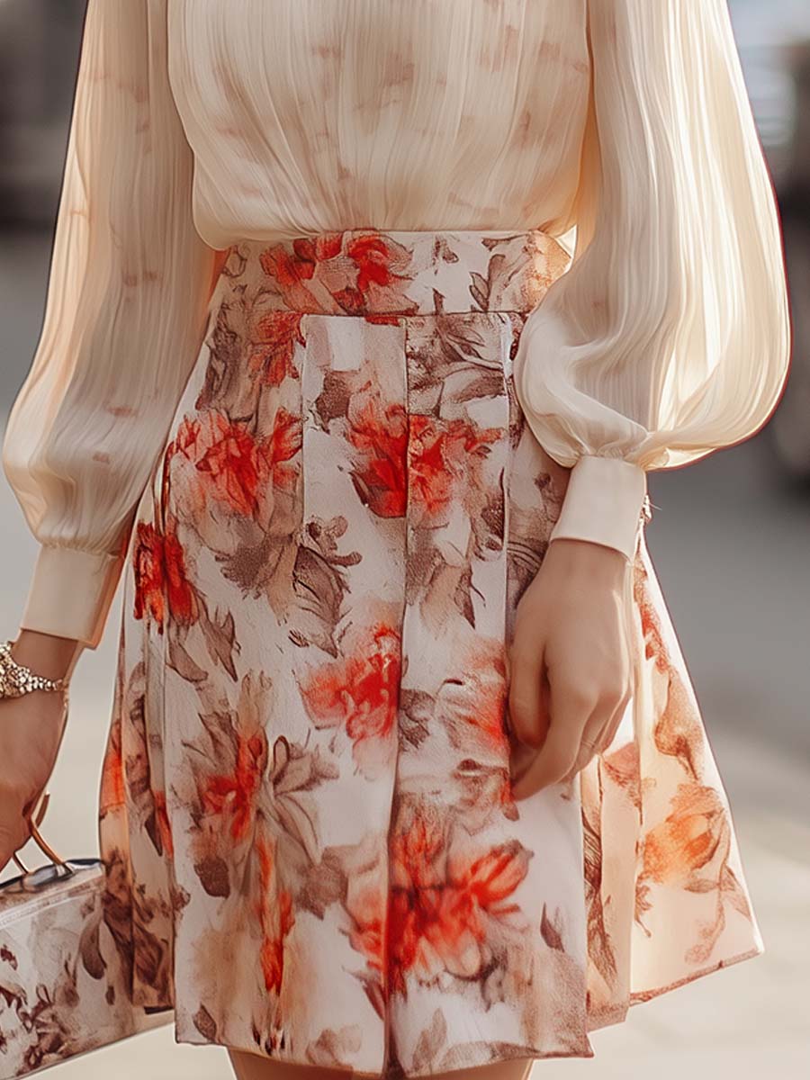 Elise - Floral Print Pleated Skirt and Blouse Set