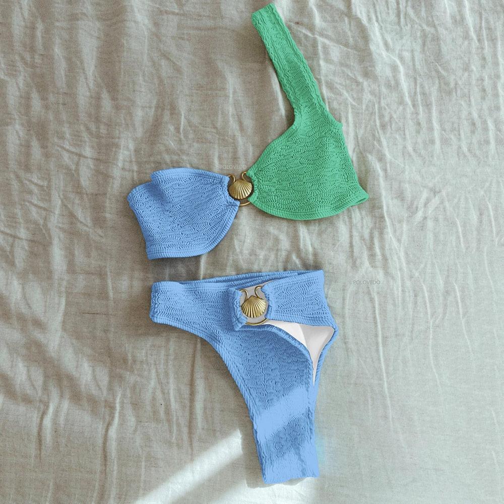 Women's Bikini Set – Ribbed Stretch Fabric – High Waist – Round Neck – Decorative Detail