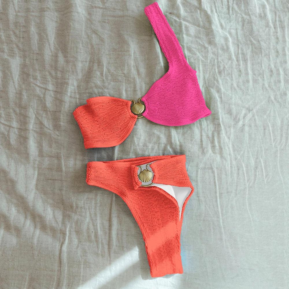 Women's Bikini Set – Ribbed Stretch Fabric – High Waist – Round Neck – Decorative Detail
