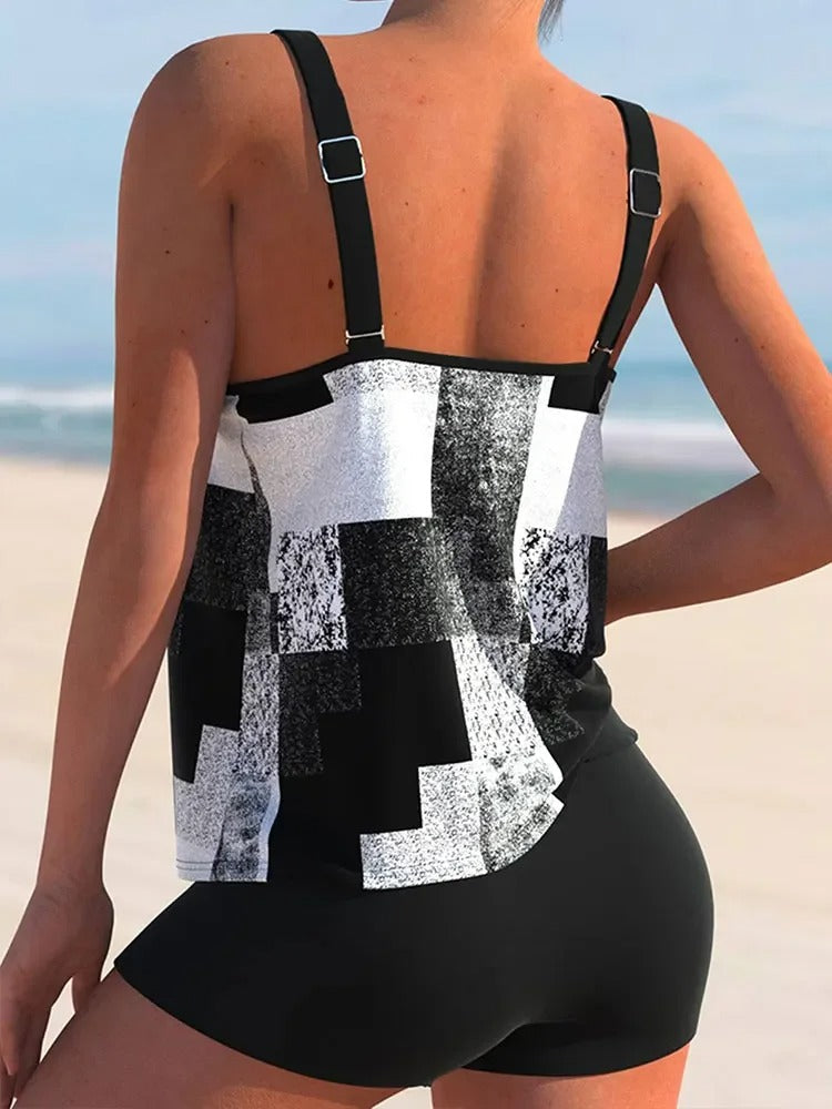Women's Tankini Top – Relaxed Fit – Double Strap – Geometric Print – Breathable Quality